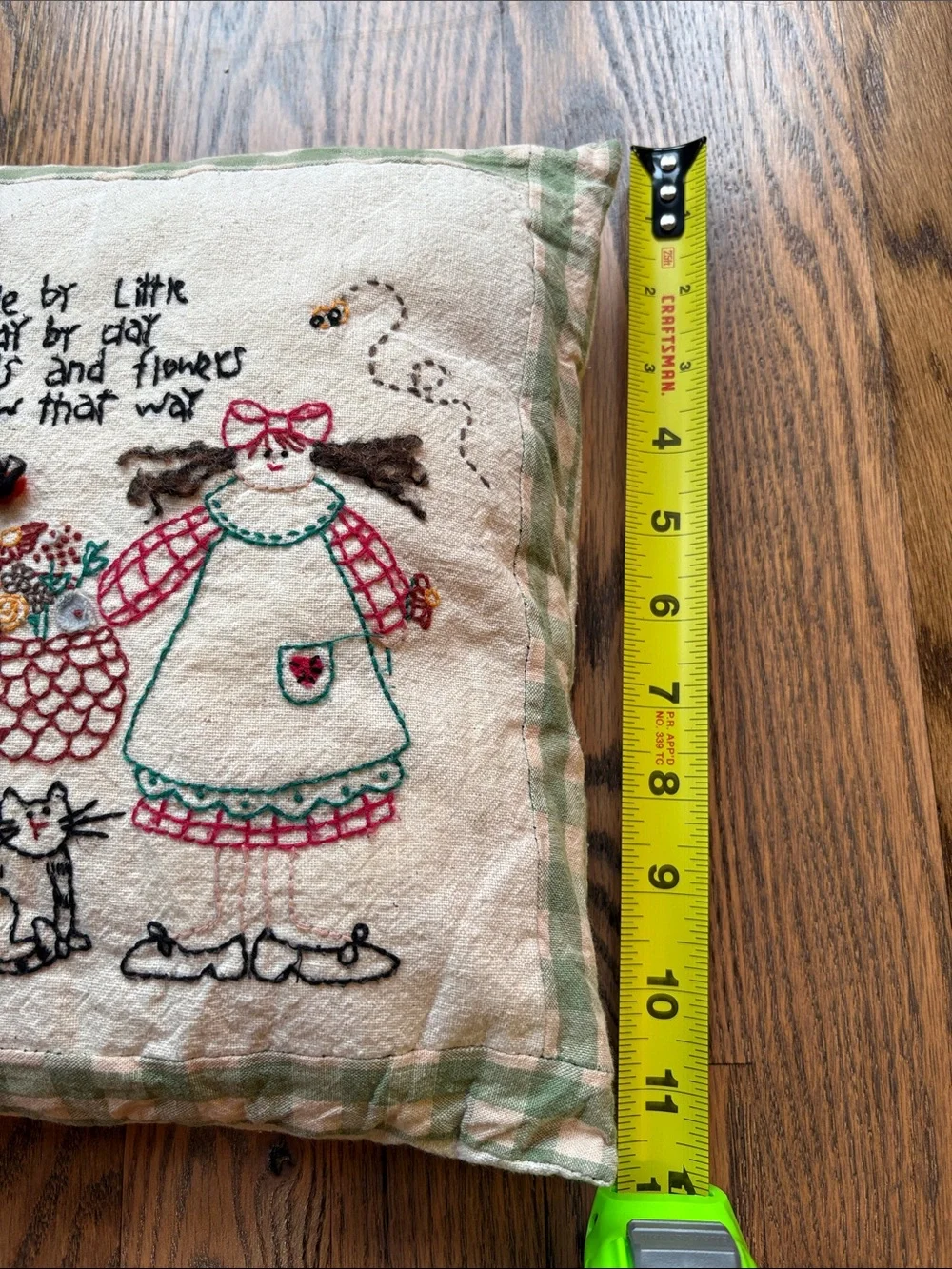 Vintage handmade embroidered friendship country cat pillow